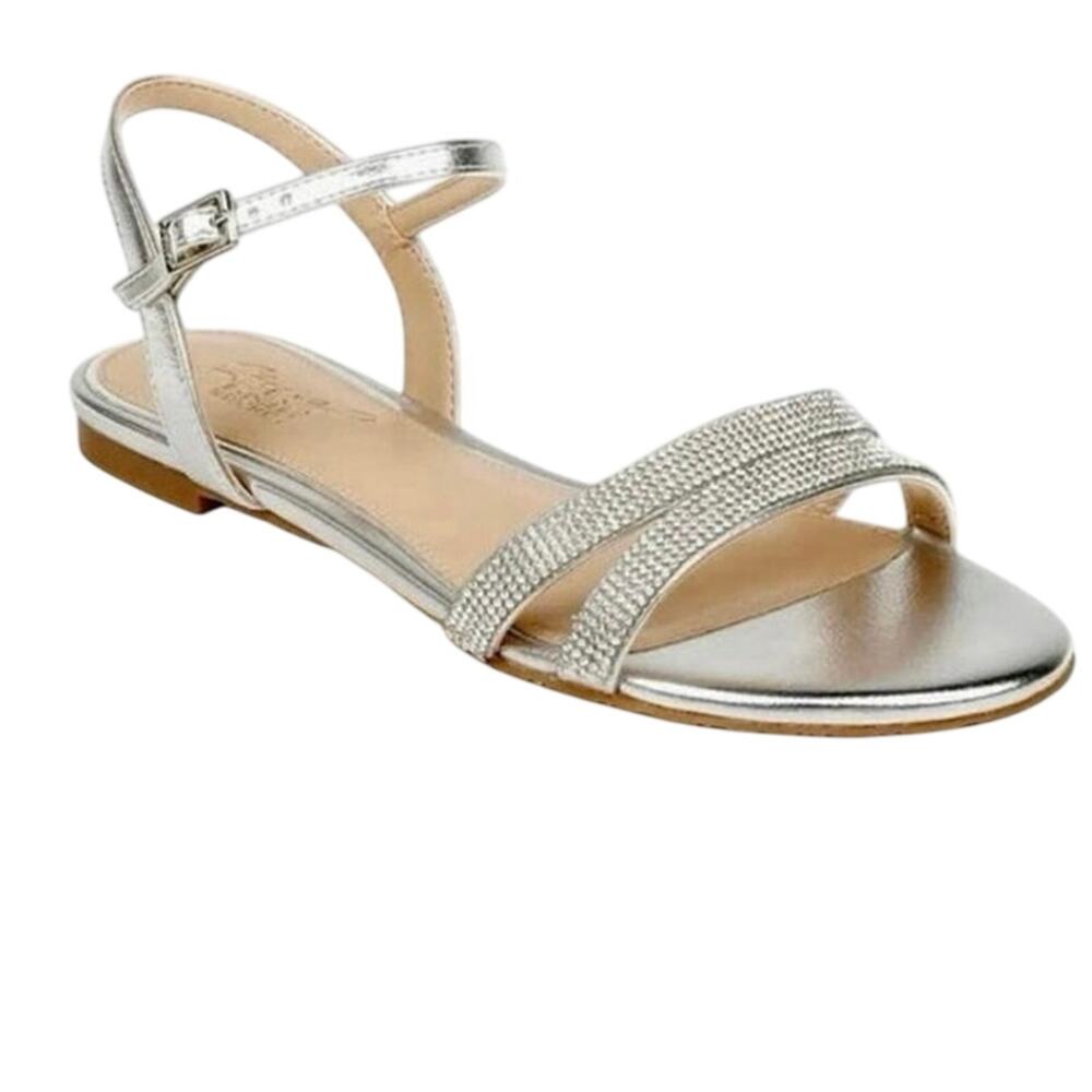 Badgley Mischka Jewel Bridget Rhinestone Flat Sandals Silver Metallic 5 NIB